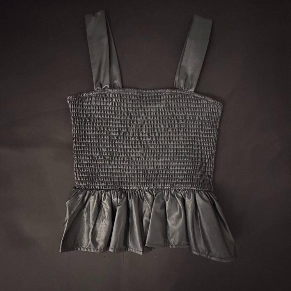 NWT Impeccable Pig  Black Faux Leather Ruffled Tube Top with straps